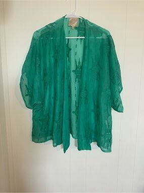 Sheer Embroidered Open-Front Green Kimono Vest